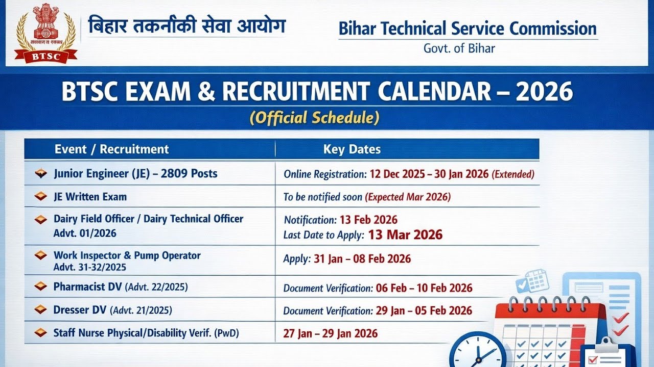 BTSC Exam Calendar 2026 Out